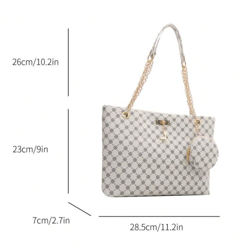 ⚠️Clearance Chain Shoulder Tote Bag Elegant White Patterned Bag with Gold Chain - Picture 11 of 11